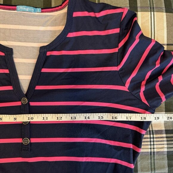 J‎ McLaughlin Lynn Henley Catalina Cloth Navy Blue Pink Striped Dress Size Small - Picture 14 of 14
